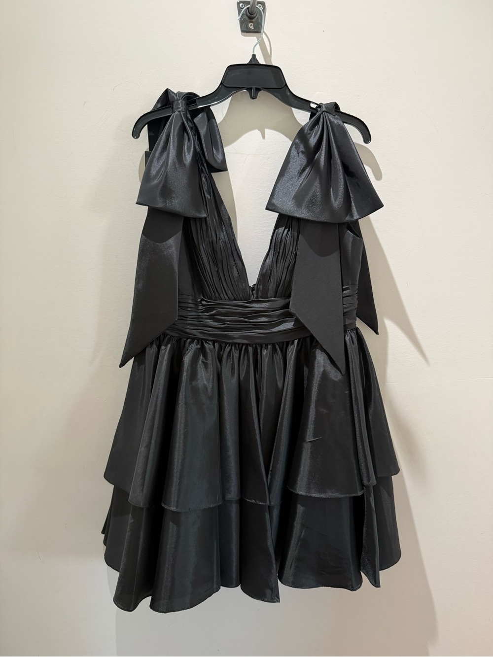 Black Bow-Shoulder Tiered Mini Dress